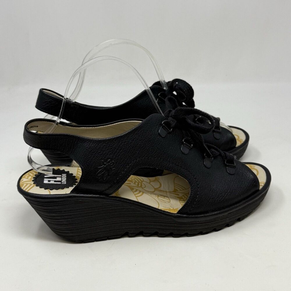 Fly London YLFA Wedge Sandals Womens 10.5 EU 42 Black Leather Lace Up Peep Toe